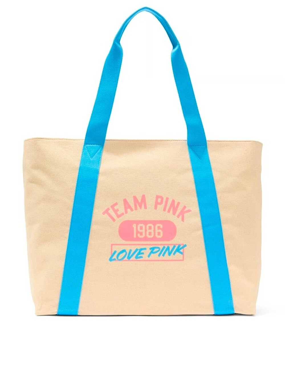 PINK Victoria's Secret Beige Canvas Tote with Bright Blue Straps